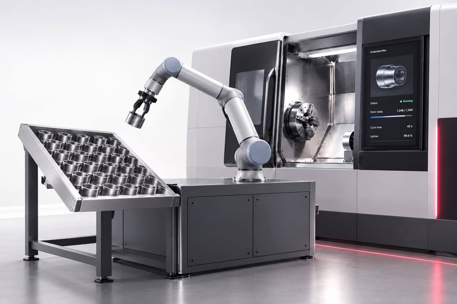 Robotic arm tending a CNC machine, with a live production dashboard showing status, parts count, cycle time, and uptime