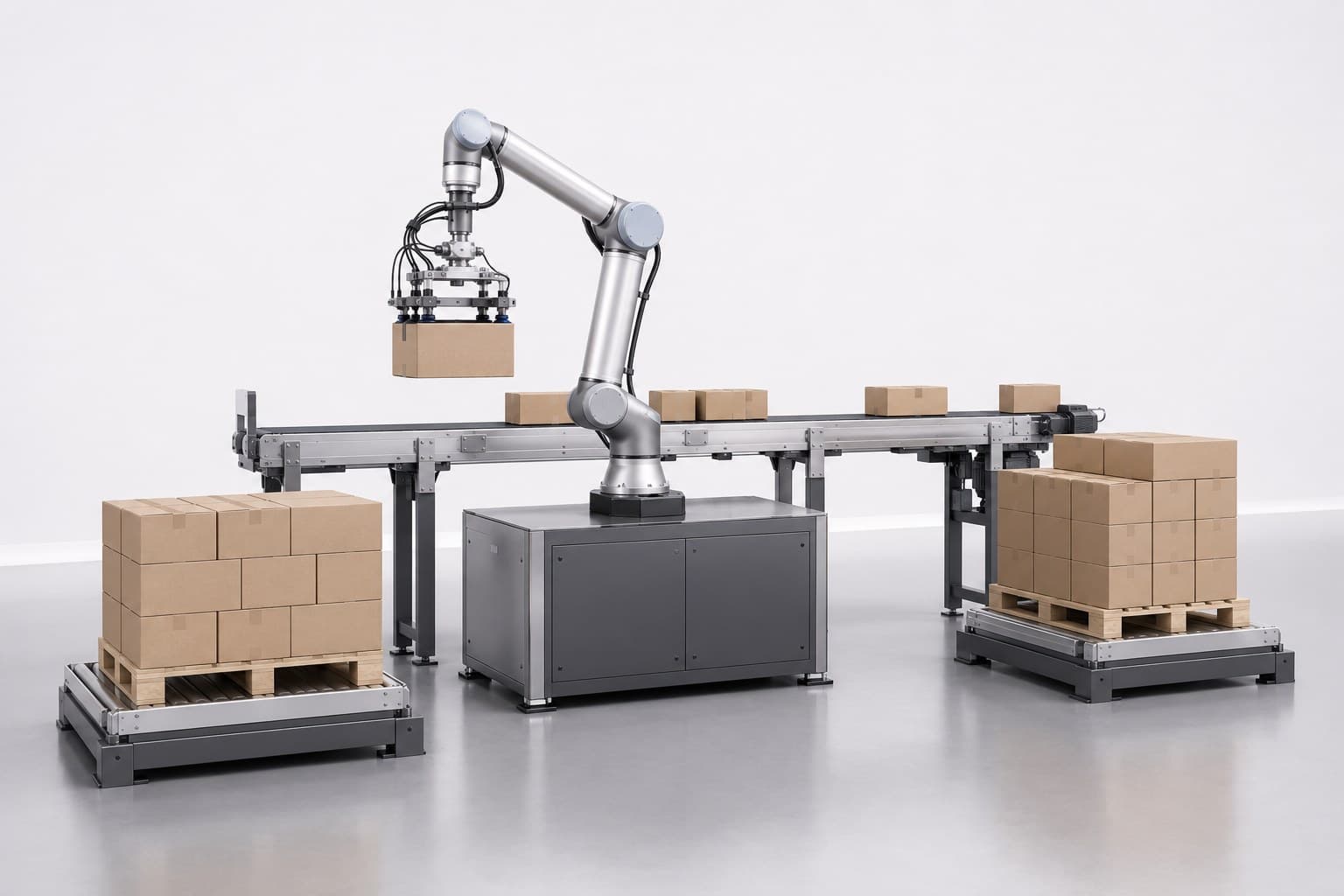 Robotic arm picking a box off a conveyor to stack it onto a pallet, with a partially built pallet on one side and a fully stacked pallet on the other