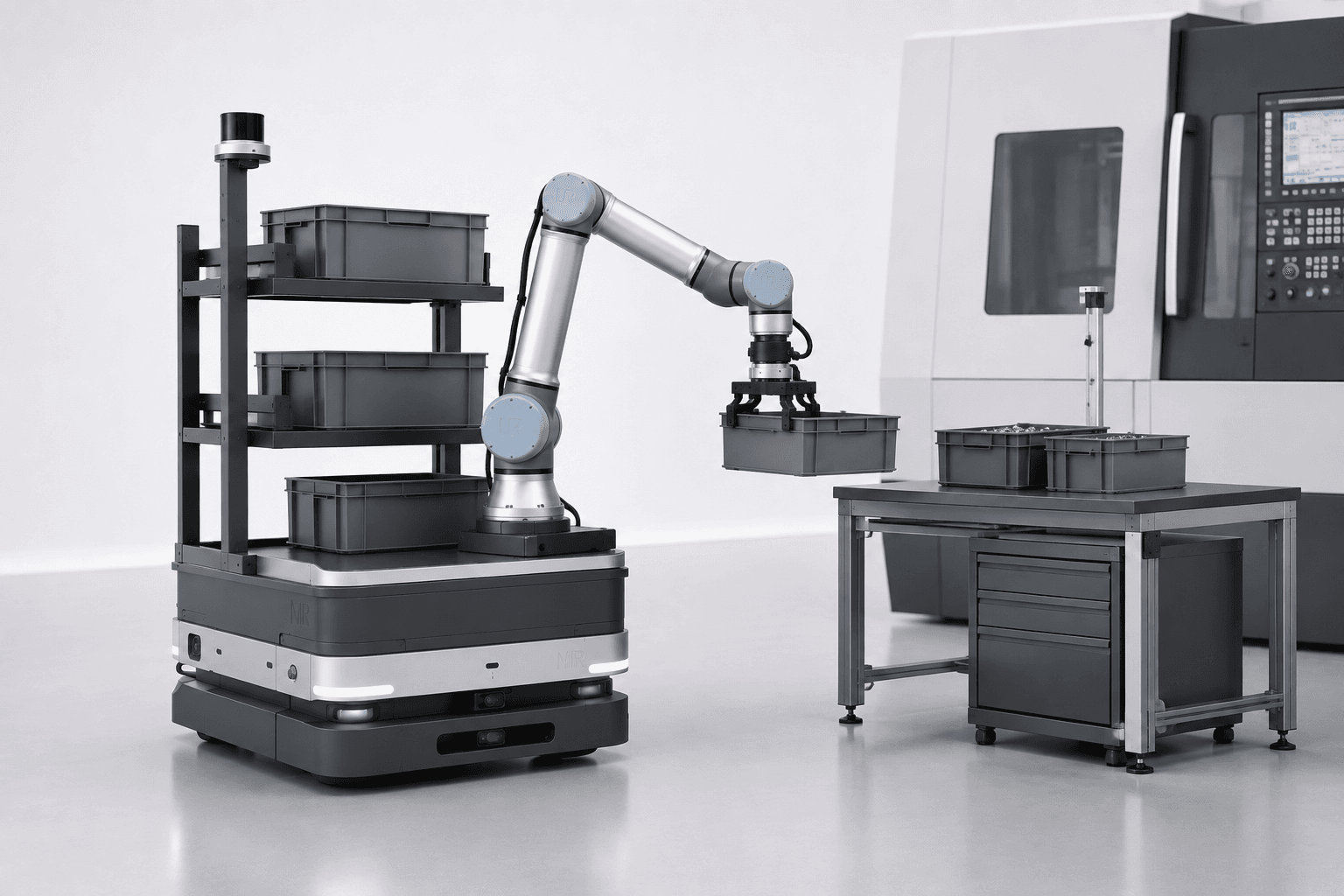 Mobile robotic platform with a collaborative arm transporting a parts bin beside a CNC machine