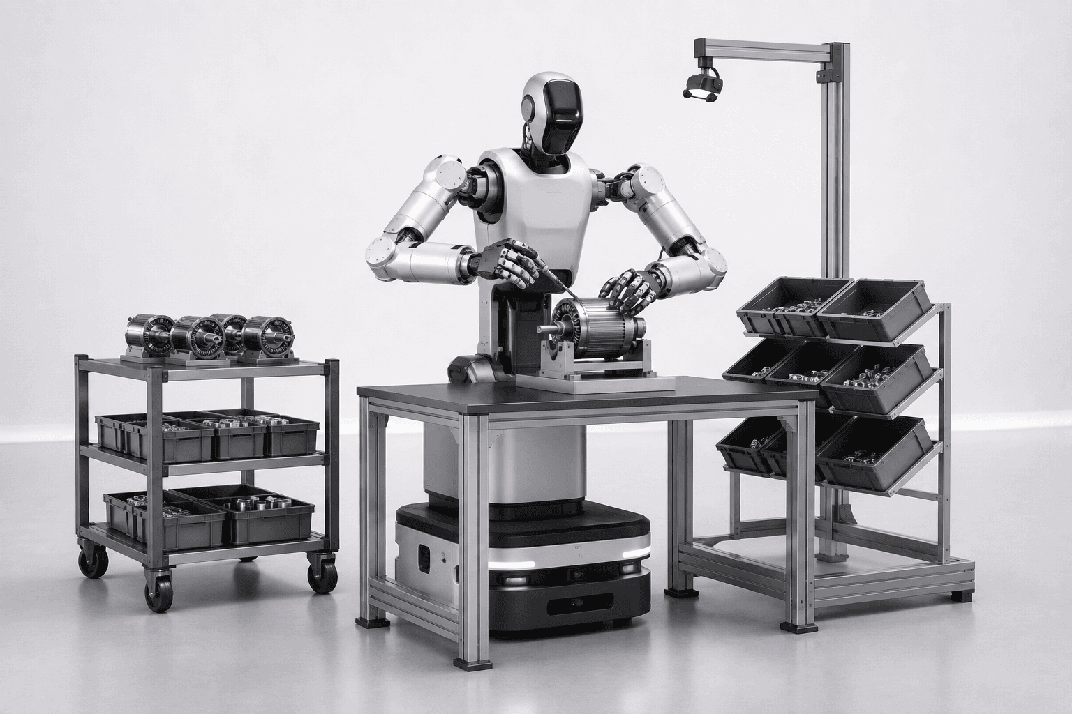 Humanoid robot using both hands to assemble an electric motor at an industrial workstation