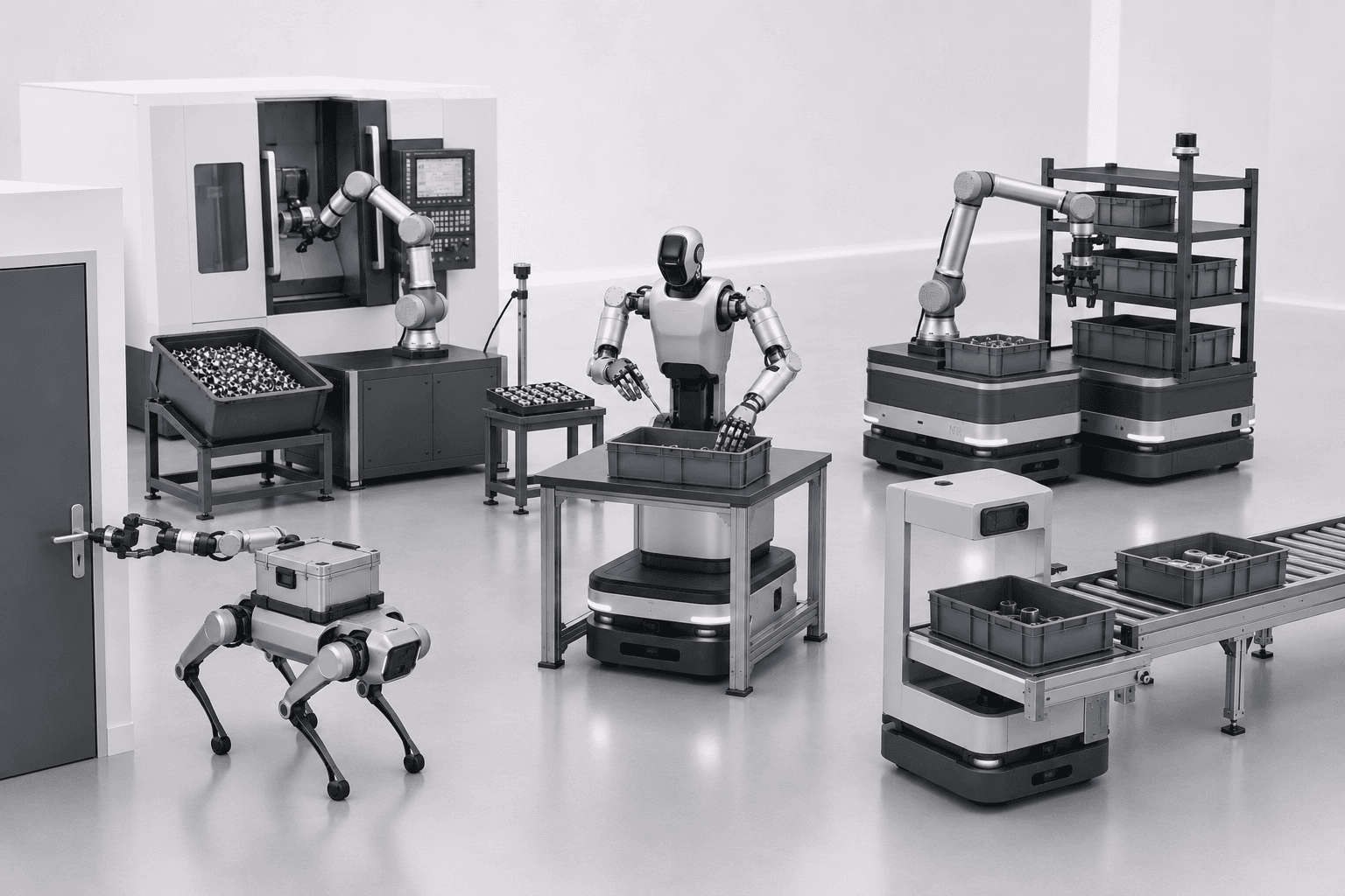 Flexible robotic systems performing machine tending, assembly, material handling, inspection, and facility operations across a connected factory